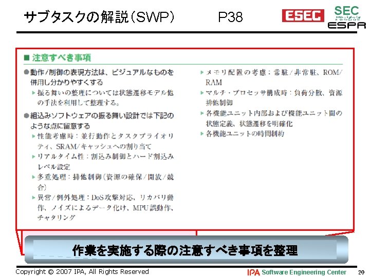 サブタスクの解説（SWP） SEC 　P 38 Software Engineering for Mo･No･Zu･Ku･Ri 作業を実施する際の注意すべき事項を整理 Copyright © 2007 IPA, All