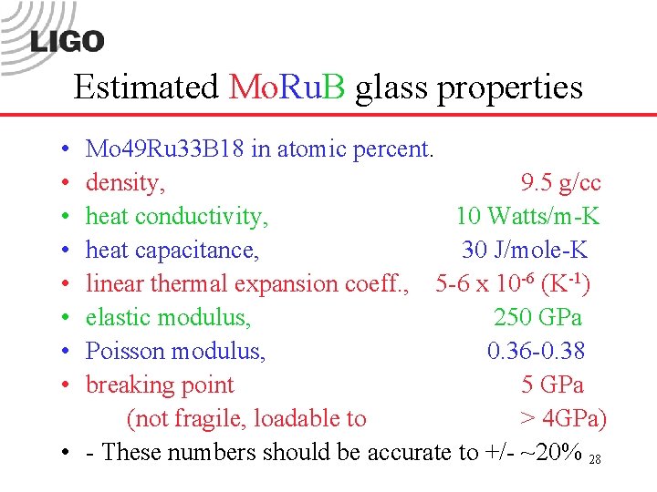Estimated Mo. Ru. B glass properties • • Mo 49 Ru 33 B 18