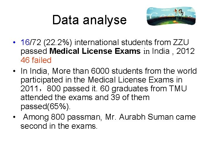 Data analyse • 16/72 (22. 2%) international students from ZZU passed Medical License Exams