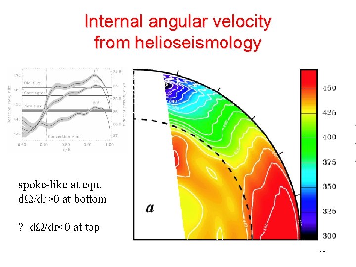Internal angular velocity from helioseismology spoke-like at equ. d. W/dr>0 at bottom ? d.