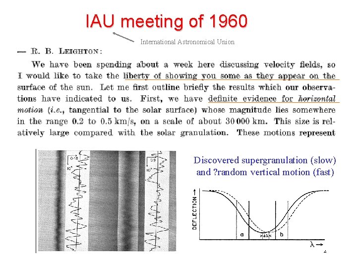 IAU meeting of 1960 International Astronomical Union Discovered supergranulation (slow) and ? random vertical