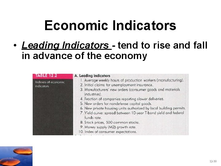 Economic Indicators • Leading Indicators - tend to rise and fall in advance of