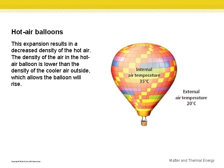 Hot-air balloons This expansion results in a decreased density of the hot air. The