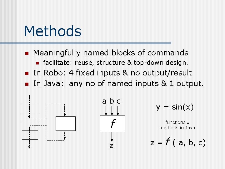 Methods n Meaningfully named blocks of commands n n n facilitate: reuse, structure &