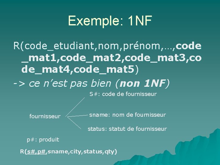 Exemple: 1 NF R(code_etudiant, nom, prénom, …, code _mat 1, code_mat 2, code_mat 3,