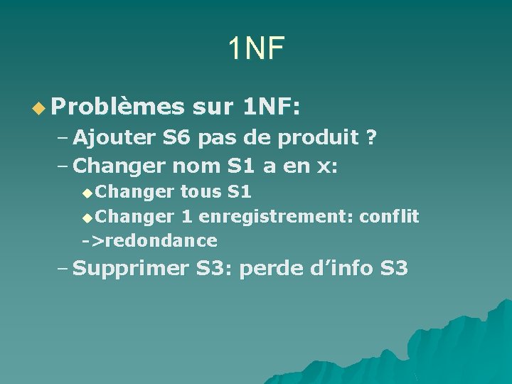 1 NF u Problèmes sur 1 NF: – Ajouter S 6 pas de produit
