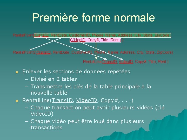 Première forme normale Rental. Form(Trans. ID, Rent. Date, Customer. ID, Phone, Name, Address, City,