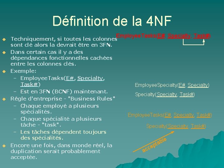 Définition de la 4 NF u u u Employee. Tasks(E#, Specialty, Task#) Techniquement, si