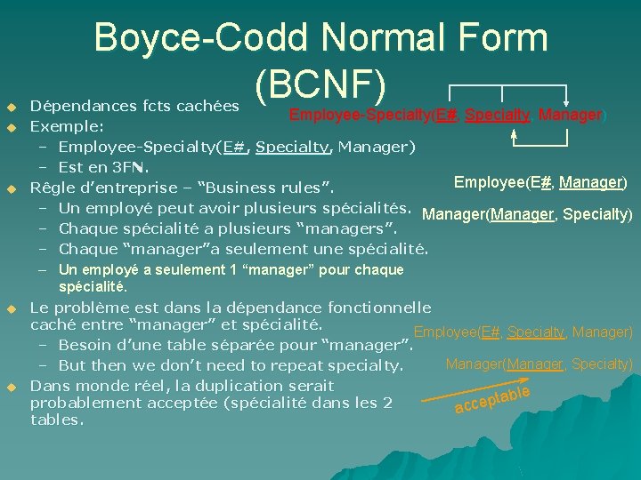 u u u Boyce-Codd Normal Form (BCNF) Dépendances fcts cachées Employee-Specialty(E#, Specialty, Manager) Exemple: