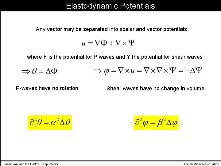 Elastodynamic Potentials Any vector may be separated into scalar and vector potentials where F