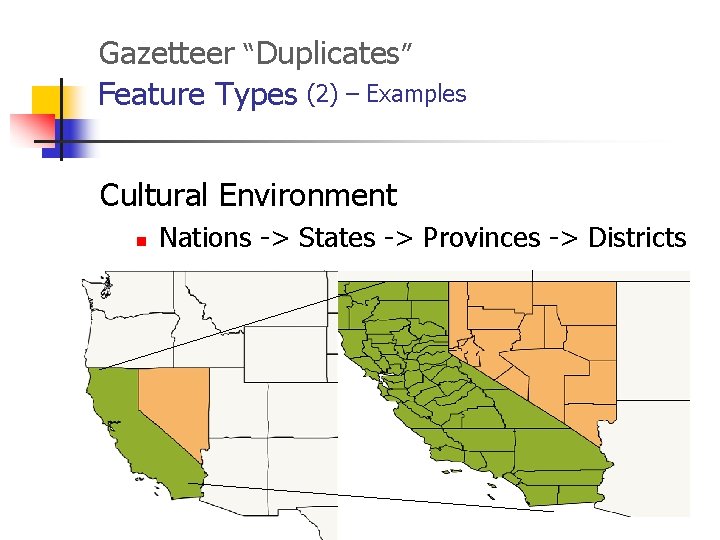 Gazetteer “Duplicates” Feature Types (2) – Examples Cultural Environment n Nations -> States ->