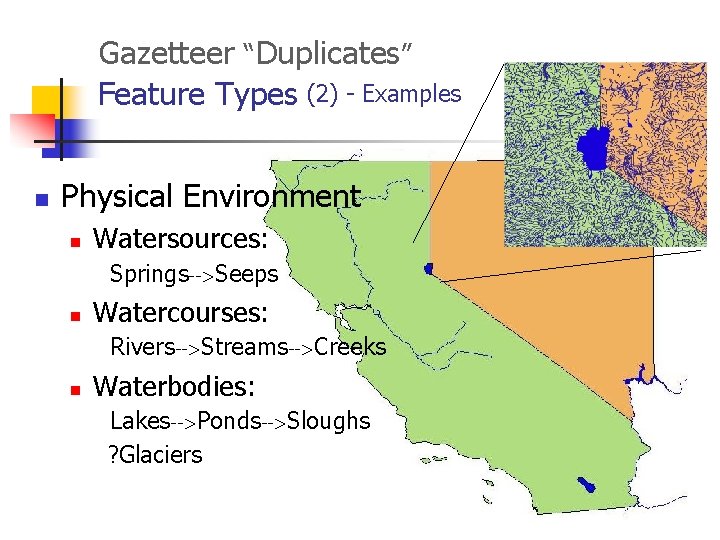 Gazetteer “Duplicates” Feature Types (2) - Examples n Physical Environment n Watersources: Springs-->Seeps n