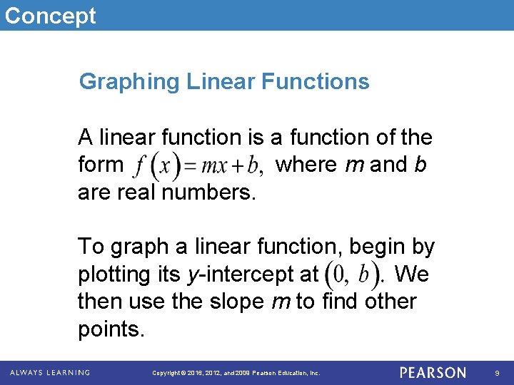 Concept Graphing Linear Functions A linear function is a function of the form where