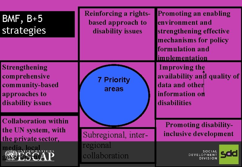 BMF, B+5 strategies Strengthening comprehensive community-based approaches to disability issues Collaboration within the UN