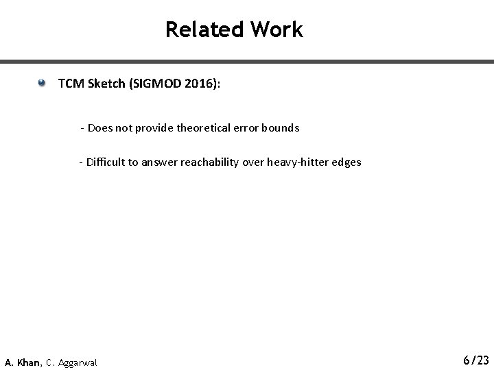 Related Work TCM Sketch (SIGMOD 2016): - Does not provide theoretical error bounds -