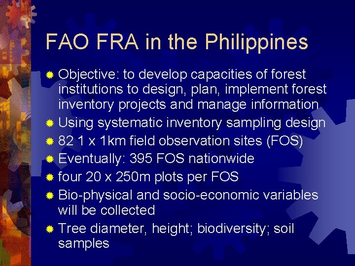 FAO FRA in the Philippines ® Objective: to develop capacities of forest institutions to