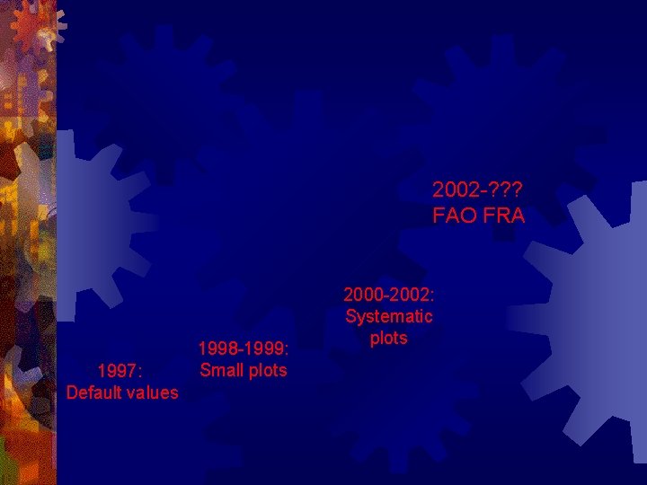 2002 -? ? ? FAO FRA 1997: Default values 1998 -1999: Small plots 2000