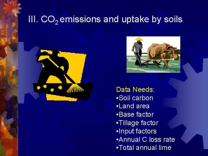 III. CO 2 emissions and uptake by soils Data Needs: • Soil carbon •