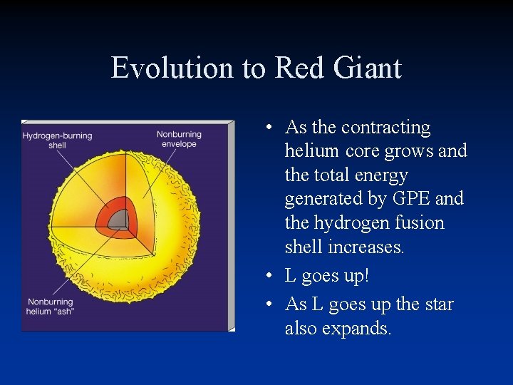 Evolution to Red Giant • As the contracting helium core grows and the total Evolution to Red Giant • As the contracting helium core grows and the total
