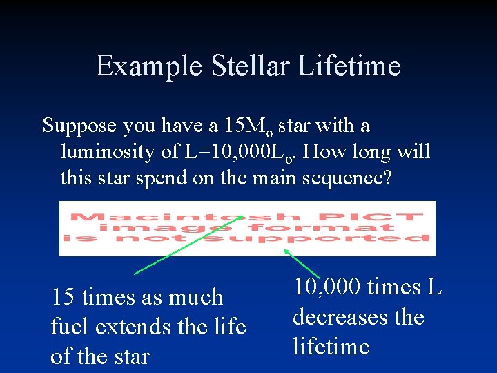 Example Stellar Lifetime Suppose you have a 15 Mo star with a luminosity of Example Stellar Lifetime Suppose you have a 15 Mo star with a luminosity of