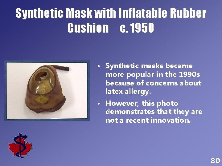 Synthetic Mask with Inflatable Rubber Cushion c. 1950 • Synthetic masks became more popular