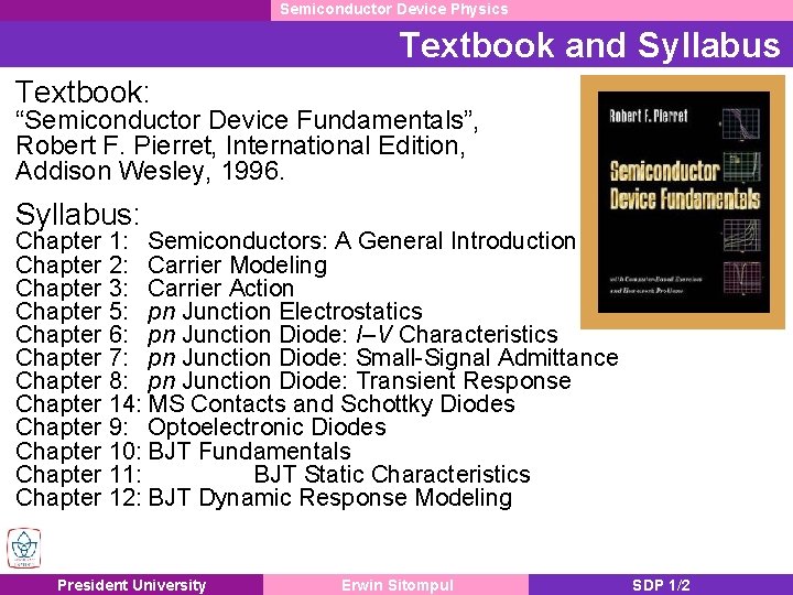 Semiconductor Device Physics Textbook and Syllabus Textbook: “Semiconductor Device Fundamentals”, Robert F. Pierret, International