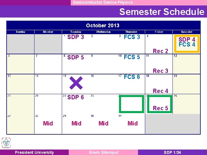 Semiconductor Device Physics Semester Schedule SDP 3 FCS 5 SDP 5 FCS 6 SDP