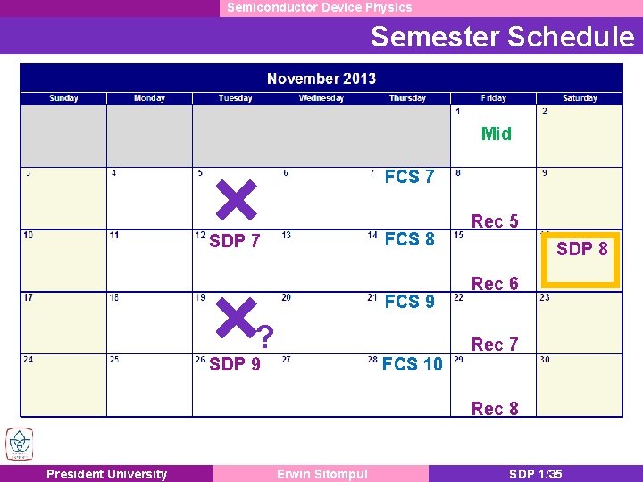 Semiconductor Device Physics Semester Schedule Mid FCS 7 FCS 8 SDP 7 FCS 9