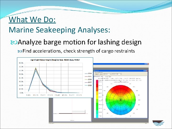 What We Do: Marine Seakeeping Analyses: Analyze barge motion for lashing design Find accelerations,