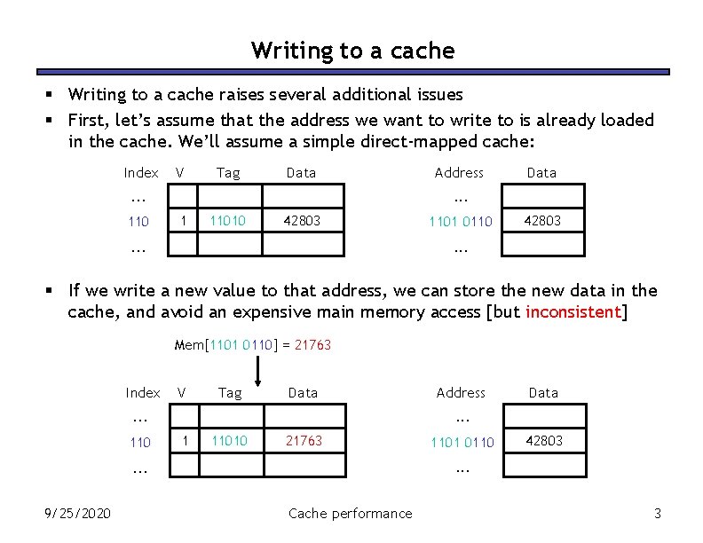 Writing to a cache § Writing to a cache raises several additional issues §