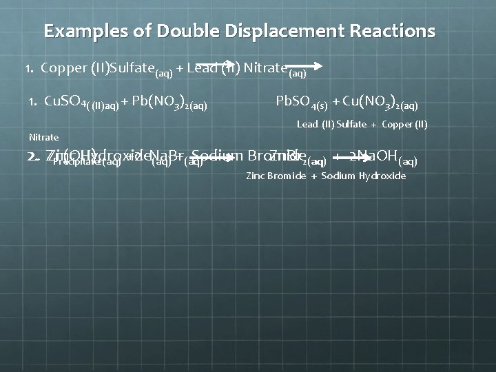Examples of Double Displacement Reactions 1. Copper (II)Sulfate(aq) + Lead (II) Nitrate(aq) 1. Cu.