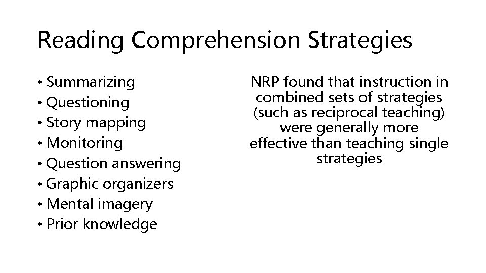 Reading Comprehension Strategies • Summarizing • Questioning • Story mapping • Monitoring • Question