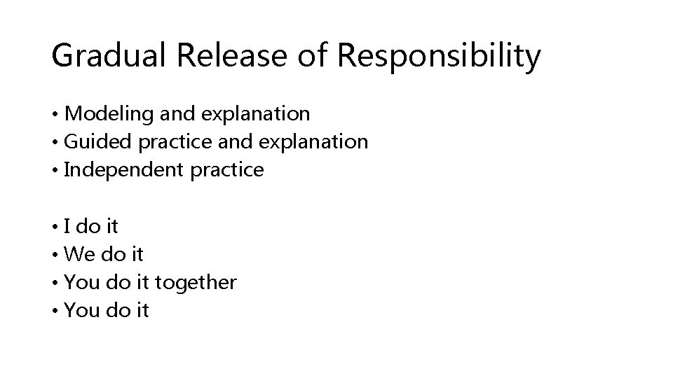 Gradual Release of Responsibility • Modeling and explanation • Guided practice and explanation •