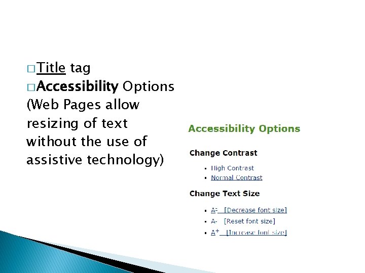 � Title tag � Accessibility Options (Web Pages allow resizing of text without the