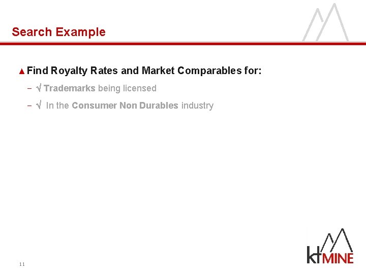 Search Example ▲ Find Royalty Rates and Market Comparables for: − Trademarks being licensed