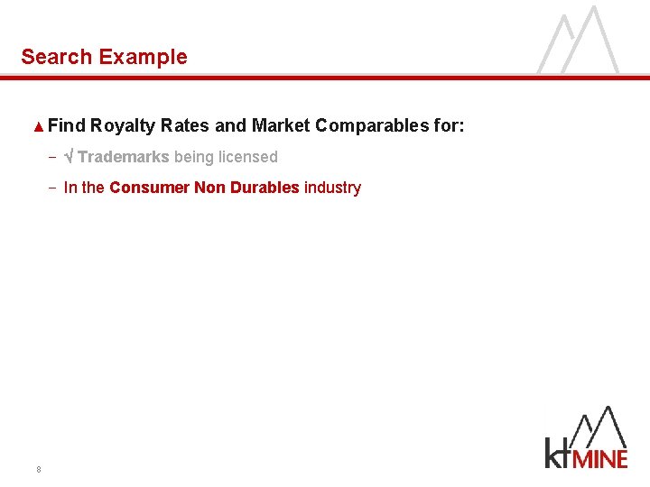 Search Example ▲ Find Royalty Rates and Market Comparables for: − Trademarks being licensed