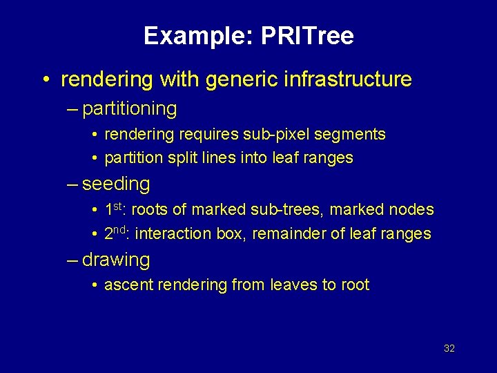 Example: PRITree • rendering with generic infrastructure – partitioning • rendering requires sub-pixel segments