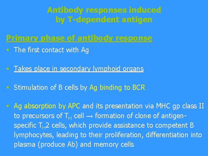 Antibody responses induced by T-dependent antigen Primary phase of antibody response § The first