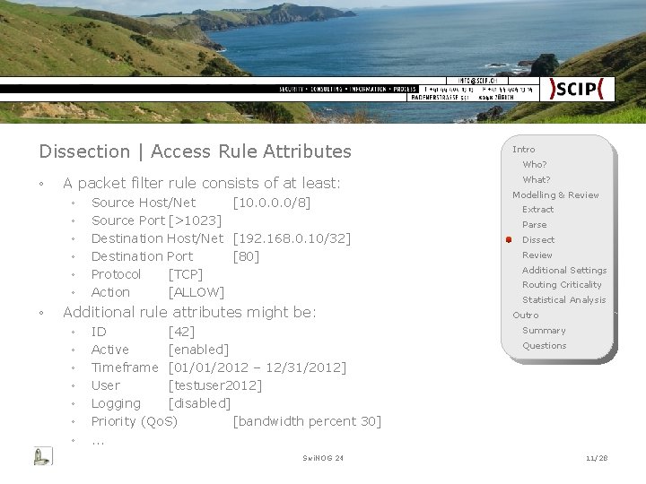 Dissection | Access Rule Attributes ◦ A packet filter rule consists of at least: