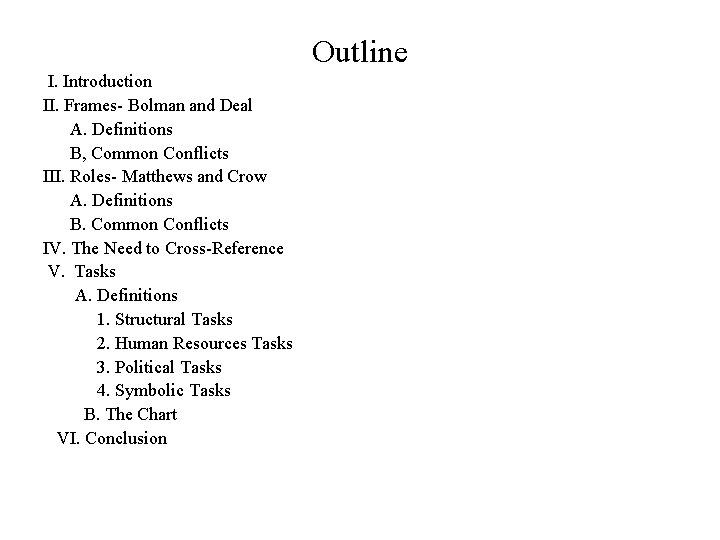 Outline I. Introduction II. Frames- Bolman and Deal A. Definitions B, Common Conflicts III.