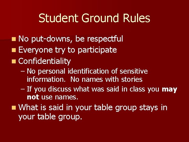 Student Ground Rules n No put-downs, be respectful n Everyone try to participate n