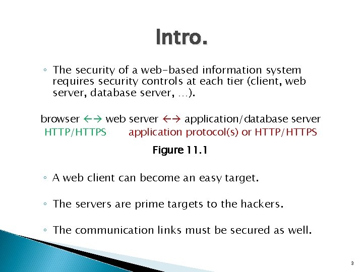 Intro. ◦ The security of a web-based information system requires security controls at each
