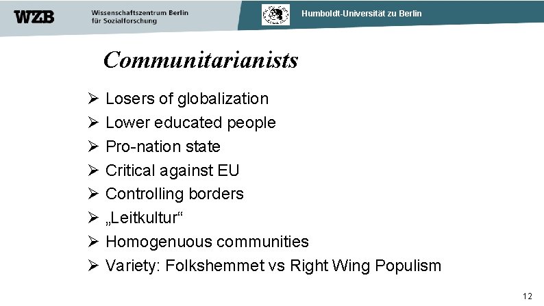Humboldt-Universität zu Berlin Communitarianists Losers of globalization Lower educated people Pro-nation state Critical against