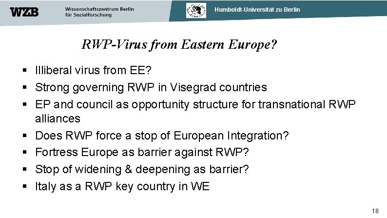 Humboldt-Universität zu Berlin RWP-Virus from Eastern Europe? Illiberal virus from EE? Strong governing RWP