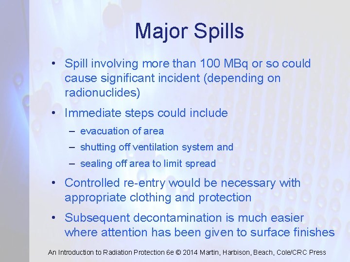 Major Spills • Spill involving more than 100 MBq or so could cause significant