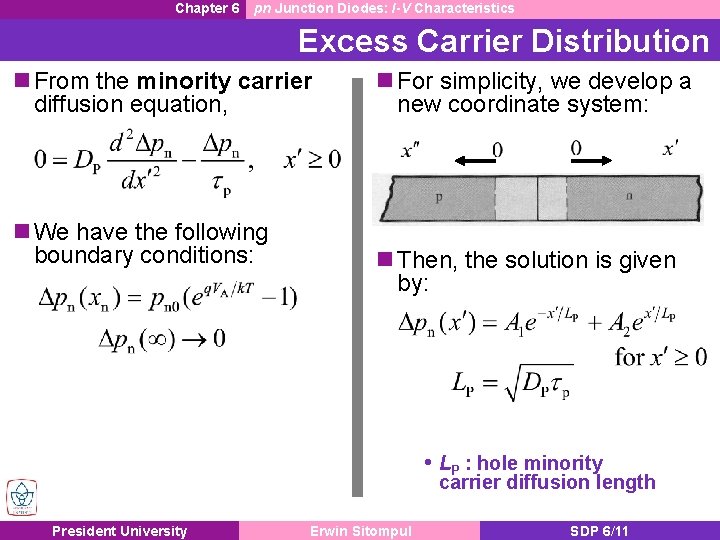 Chapter 6 pn Junction Diodes: I-V Characteristics Excess Carrier Distribution n From the minority