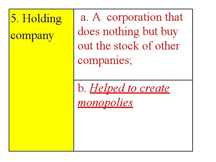 5. Holding company a. A corporation that does nothing but buy out the stock