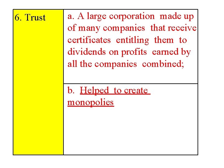 6. Trust a. A large corporation made up of many companies that receive certificates