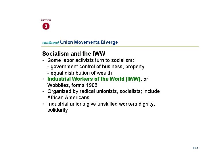 SECTION 3 continued Union Movements Diverge Socialism and the IWW • Some labor activists