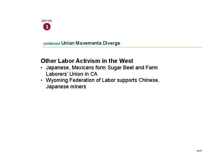 SECTION 3 continued Union Movements Diverge Other Labor Activism in the West • Japanese,